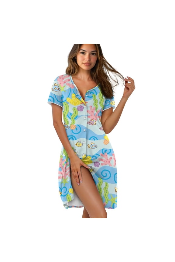 Button Nightgowns for Women Crew Neck Summer Nursing Nightgown Short Sleeve Casual Pajama Dress Cooling Lounge Sleep Night Shirts Coral Fish