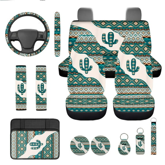 Yuyamidu Cactus Car Seat Cover Green Aztec Ethnic Car Steering Wheel Cover Seat Belt Cover Cup Holders Auto Center Console Pad Key Ring, Set of 13