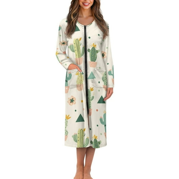 Yuyamidu Cactus Long Sleeve Bathrobe for Women Size 4XL Comfy Round Neck Zipper Front Robe Soft Bath Spa Robes Lightweight Mid-Calf Length Bath Gown Womens Dressing Gown
