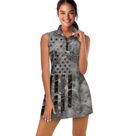 Yuyamidu Camo American Flag Womens Tennis Golf Dresses Size L Breathable Slim Fit Sports Activewear Dress with Shorts and Pockets Workout Casual Golf Dresses