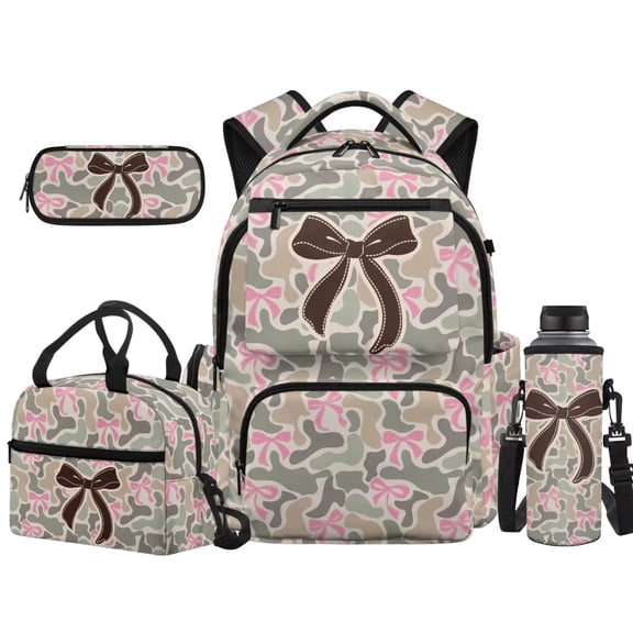 Yuyamidu Camo Bow Print 4Pcs 17 Inch School Backpack Set, Large Capacity Bookbag with Lunch Bag Pencil Case Bottle Sleeve, Lightweight Travel Daypack for Teens Girls Students