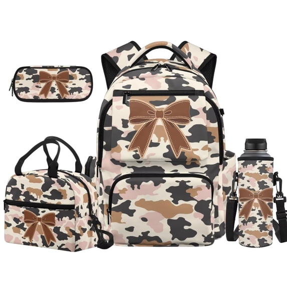 Yuyamidu Camo Brown Bow Kids Backpack Set, 4Pcs Bookbag with Lunch Box Pencil Case Water Bottle Sleeve for Girls Teens, Large Capacity Casual Daypack for Travel School