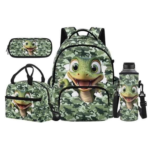 Yuyamidu Camo Cartoon Lizard 17 Inch School Backpack Set 4Pcs for Boys 2nd to 5th Grade, Elementary Kids Bookbag, Pencil Pouch and Water Bottle Bag for Daily Use Travel