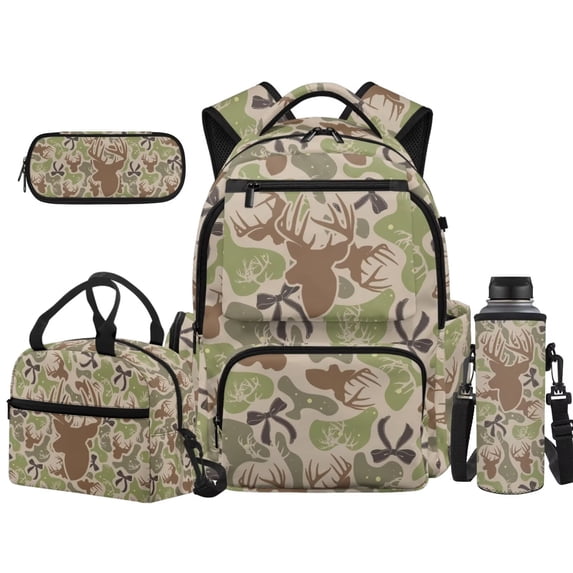 Yuyamidu Camo Deer Bow 4PCS School Backpack Set for Students Daily Use 17 Inch Large Capacity, Includes Lunch Bag Pencil Case Water Bottle Bag, for Back to School, Daily