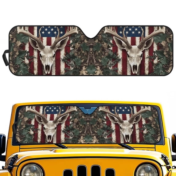 Yuyamidu Camo Deer Windshield Sun Shade for 2018-2025 Jeep Wrangler JL JLU & 2020-2025 Jeep Gladiator Foldable Front Sunshade, Blocks UV Rays and Heat, Keep Interior Cool, Patriotic American Flag