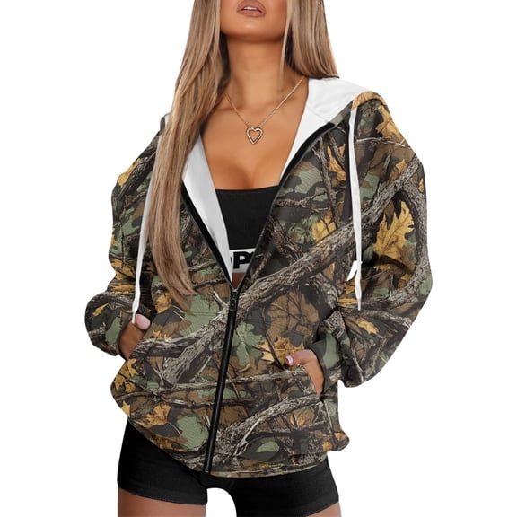 Yuyamidu Camo Hoodies Womens Hoodies Winter Fall Sweatshirt Plus Size Jackets for Women Fashion Womens Camo Maple Leaf Hoodie with Pockets Zipper M