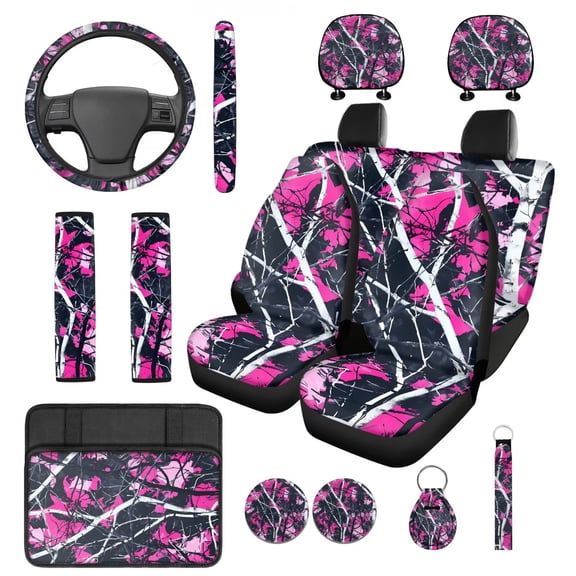 Yuyamidu Camo Hunting Car Seat Cover of 14 Pink Wood Steering Wheel Cover Seatbelt Pads Auto Armrest Cover Headrest Covers Keychain Coasters Car Accessories, Universal Fit
