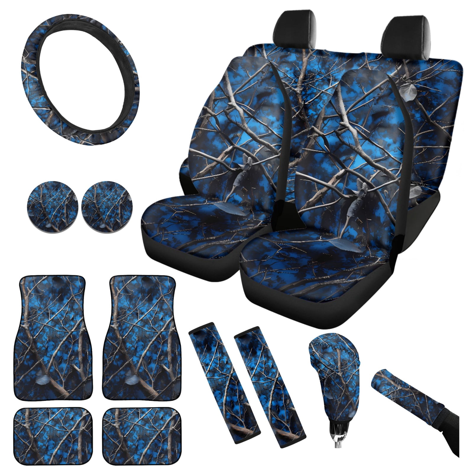 Yuyamidu Camo Hunting Car Seat Cover Full Set with Car Floor Mats Blue Wood Steering Wheel Cover Seatbelt Cover Cup Coasters Handbrake Sets 15 Pack Automobile Accessory for Woman Men