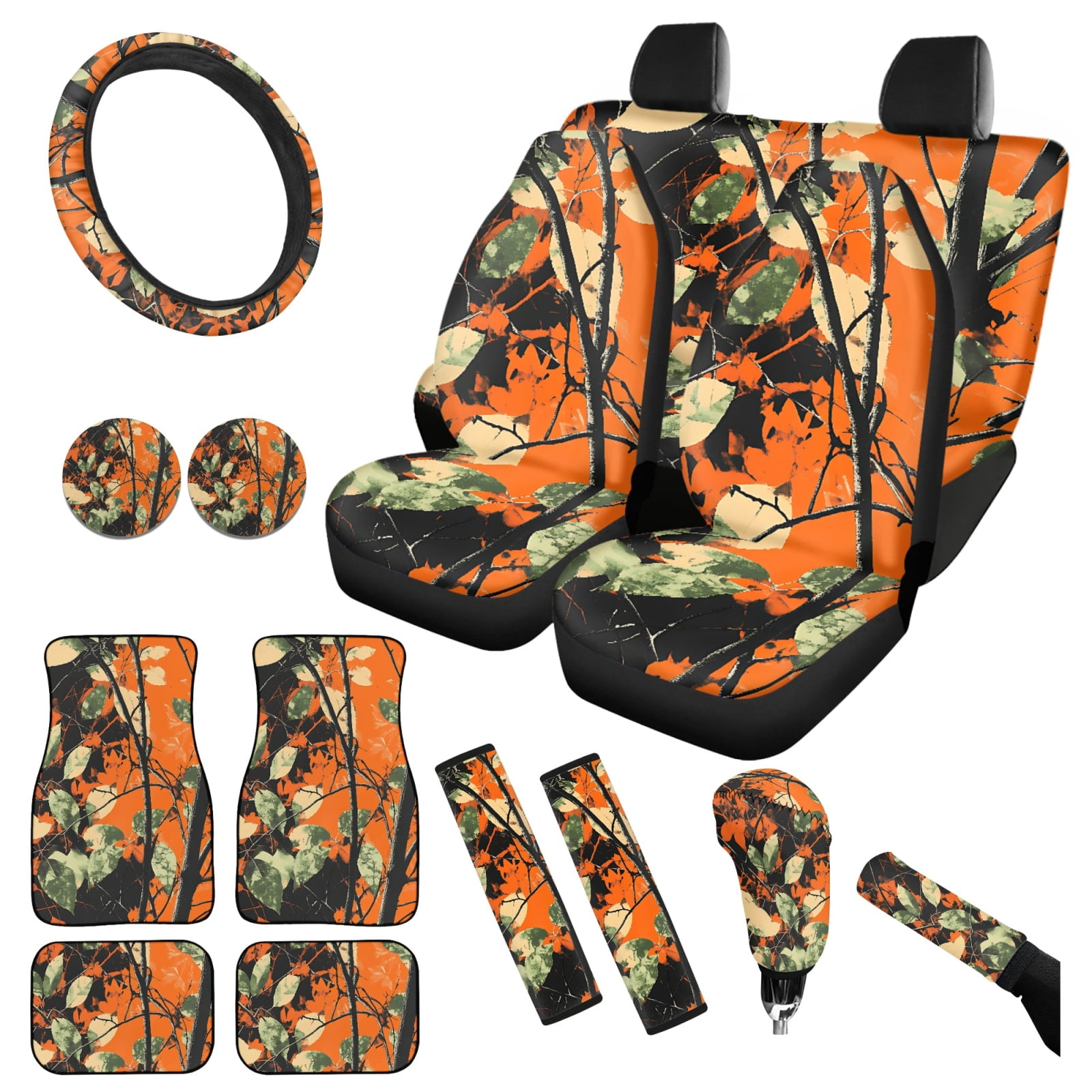 Yuyamidu Camo Hunting Car Seat Cover Full Set Orange Wood Car Floor Mats Steering Wheel Cover Seatbelt Pad Cup Coaster Handbrake Cover Gear Shift Knob Cover 15pcs Auto Accessories Set for Sedan