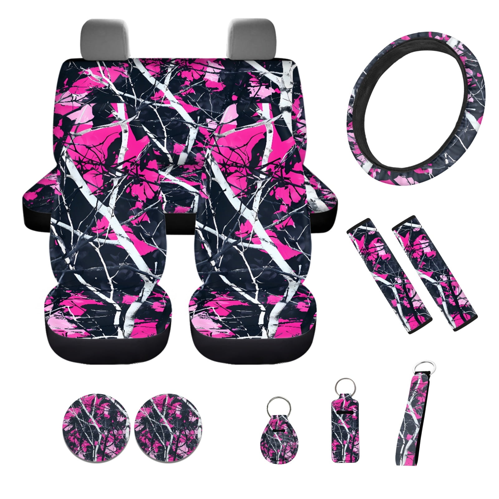 Yuyamidu Camo Hunting Car Seat Cover Set 12 PCS Pink Wood Steering Wheel Cover Seat Belt Pads Coasters Key Chain Lip Balm Holder Keychain Universal Fit