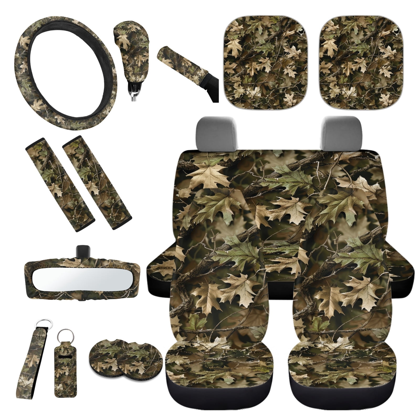 Yuyamidu Camo Hunting Car Seat Cover Set 16 PCS Wood Steering Wheel Cover Seat Belt Cushion Pad Gear Shift Hand Brake Cover Rearview Mirror Cover Coasters Keychain Sun Shade for SUV Van Truck
