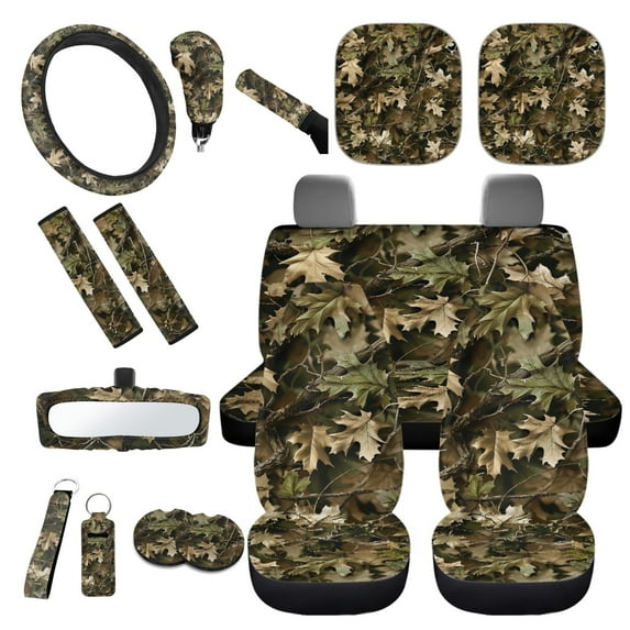 Yuyamidu Camo Hunting Car Seat Cover Set 16 PCS Wood Steering Wheel Cover Seat Belt Cushion Pad Gear Shift Hand Brake Cover Rearview Mirror Cover Coasters Keychain Sun Shade for SUV Van Truck