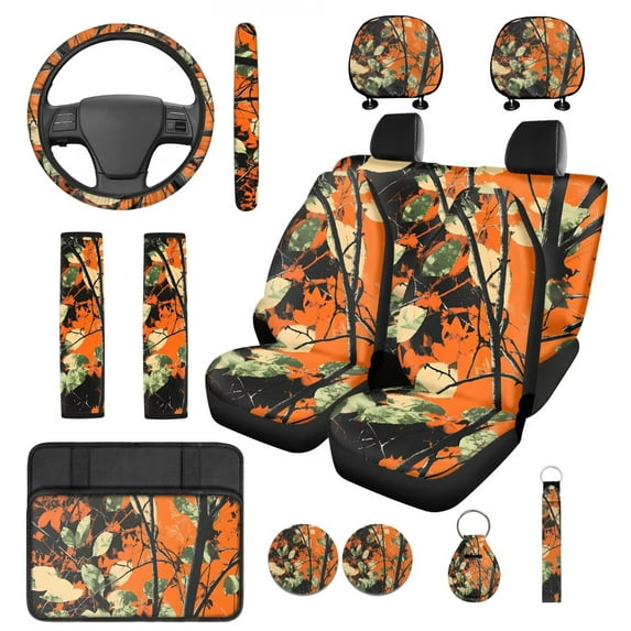 Yuyamidu Camo Hunting Car Seat Cover with Steering Wheel Cover Seat Belt Covers Orange Wood Arm Rest Cushion Auto Head Rest Covers Keychain Cup Coasters, 14 Pack