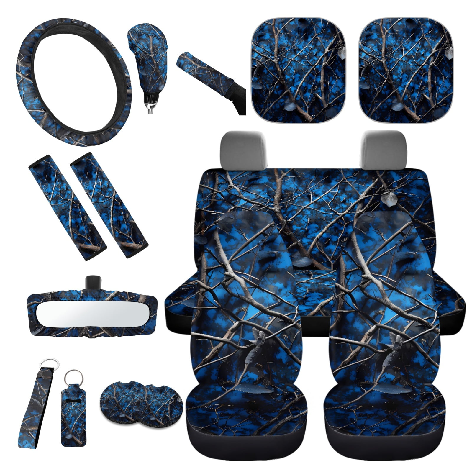 Yuyamidu Camo Hunting Car Seat Covers 16 PCS Blue Wood Steering Wheel Cover Seat Belt Pad Gear Shift Hand Brake Cover Rearview Mirror Cover Coasters Key Chain Sunshade Car Windshield Universal Fit