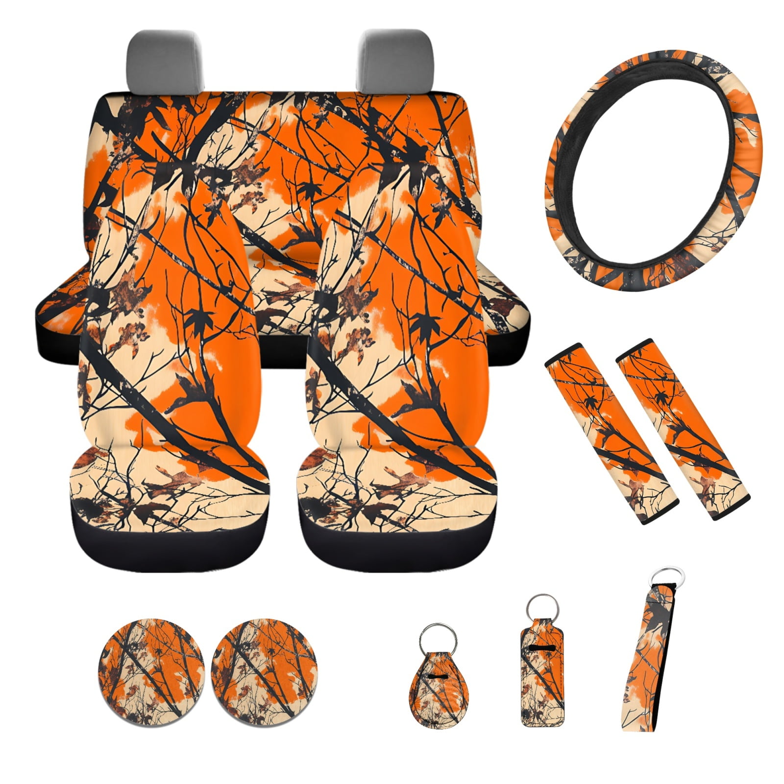 Yuyamidu Camo Hunting Car Seat Covers Full Set 12 PCS Orange Wood Steering Wheel Cover Seat Belt Strap Pads Cup Coasters Keychain Auto Decor
