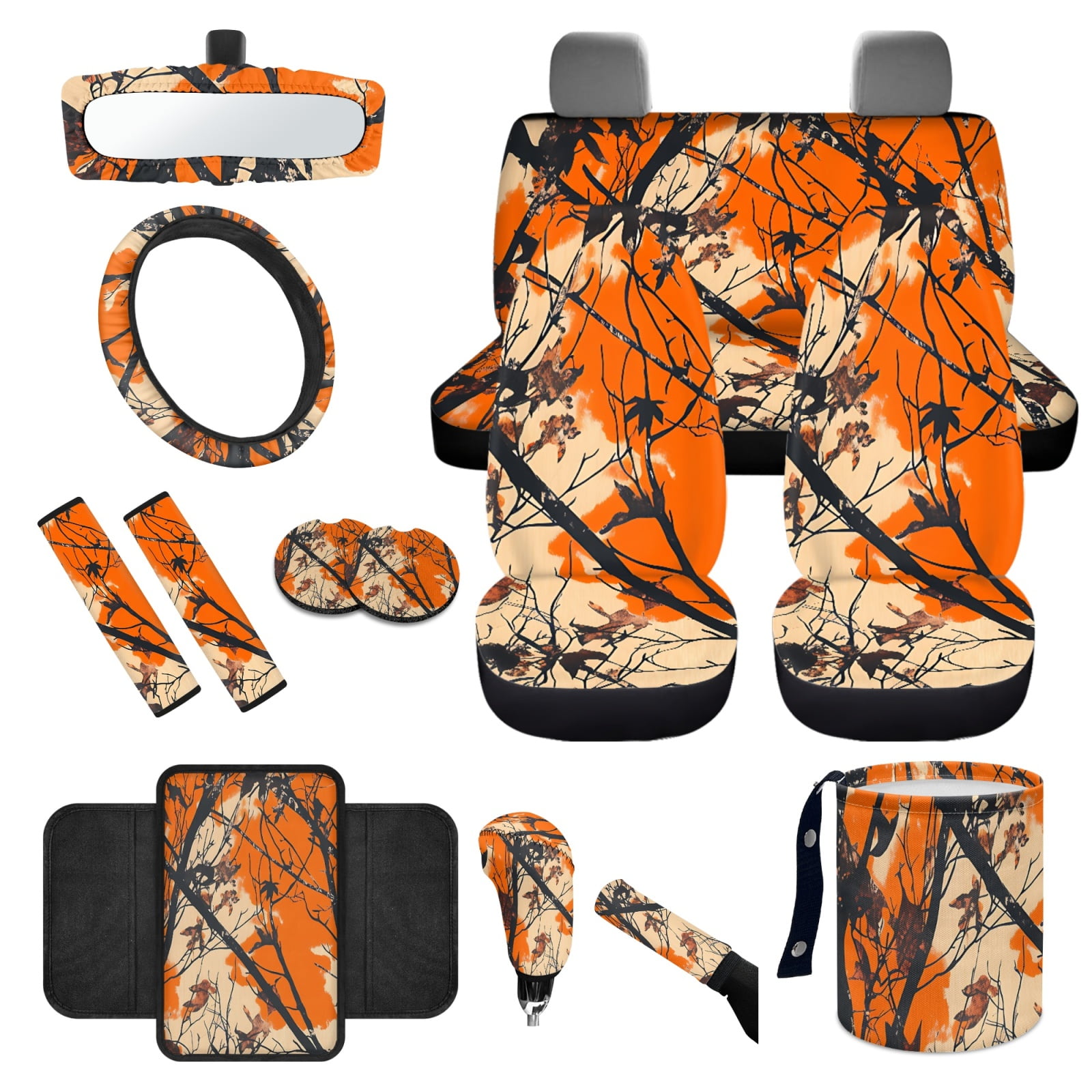Yuyamidu Camo Hunting Car Seat Covers Full Set of 14 Orange Wood Steering Wheel Cover Seat Belt Pad Cover Waste Bin Rear View Mirror Cover Coasters Armrest Cover Handbrake Cover Set Car Decor