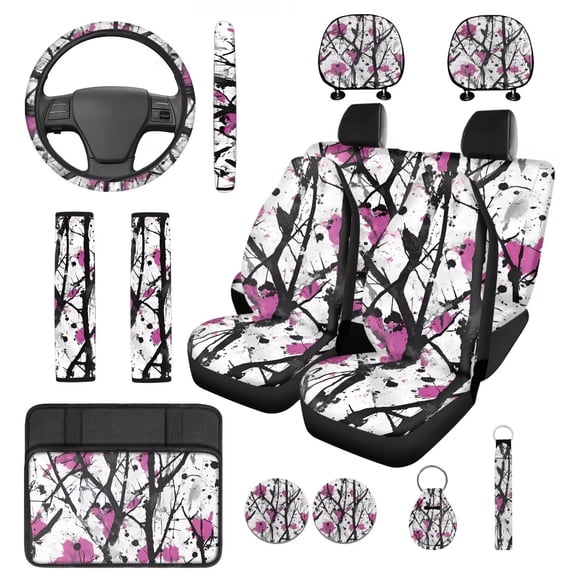 Yuyamidu Camo Hunting Car Seat Covers Full Set 14 PCS Wood Auto Steering Wheel Cover Seat Belt Covers Arm Rest Cushion Headrest Covers Coasters Wrist Key Ring