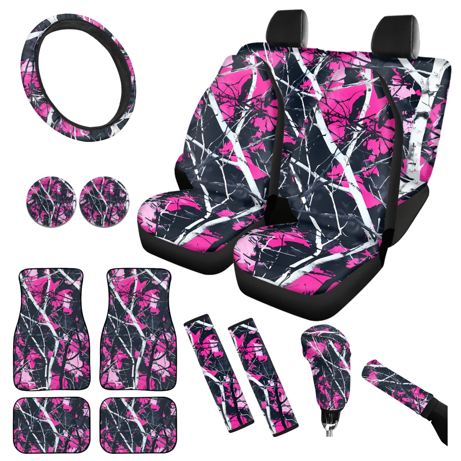 Yuyamidu Camo Hunting Car Seat Covers Full Set of 15 Pink Wood Car Floor Mats Auto Steering Wheel Cover Seatbelt Covers Cup Coasters Handbrake Cover Set Vehicle Accessory Decor