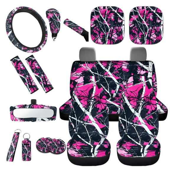Yuyamidu Camo Hunting Car Seat Covers with Steering Wheel Cover Seat Belt Covers Pink Wood Cup Coasters Car Sun Shade Key Chain Rearview Mirror Cover Handbrake Cover Set 16 PCS Auto Accessories