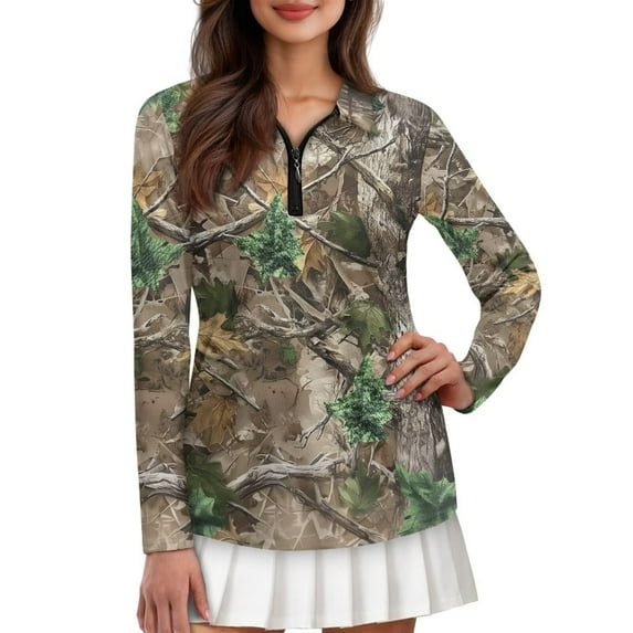 Yuyamidu Camo Hunting Long Sleeve Golf Shirt for Women Size XS Wood Oak Tennis Shirts Athletic Quarter Zip Golf Clothes Workout Outfits Size M