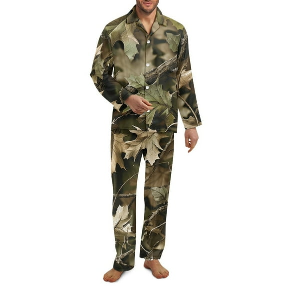 Yuyamidu Camo Hunting Matching Pjs Sets Wood Button Down Pajamas Pants Set of 2 Men Sleepwear for Fall Winter Spring Loose Long Sleeve Loungewear Size XS 2XL