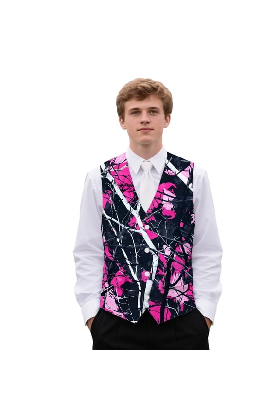 Camo Hunting Men's Formal Suit Vest Fit for Business or Casual Dress Slim Fit Waistcoat with Pockets Pink Wood Daily Wear Clothing Size 3XL