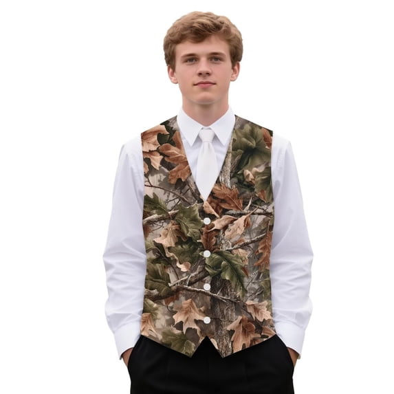 Yuyamidu Camo Hunting Men's Slim Fit Suit Vest Waistcoat with 3 Pockets for Business Formal Wedding Prom Brown Oak Casual Tuxedo Wear Size XL