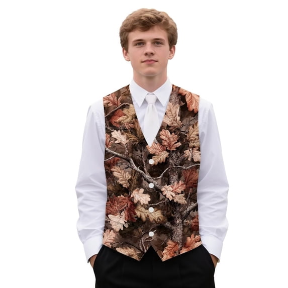 Yuyamidu Camo Hunting Men's Suit Vest Brown Wood Casual Waistcoat Vest for Men Size 2XL Leisure Dress Business Vests for Wedding Party Tuxedo V-neck Waistcoat with Pockets