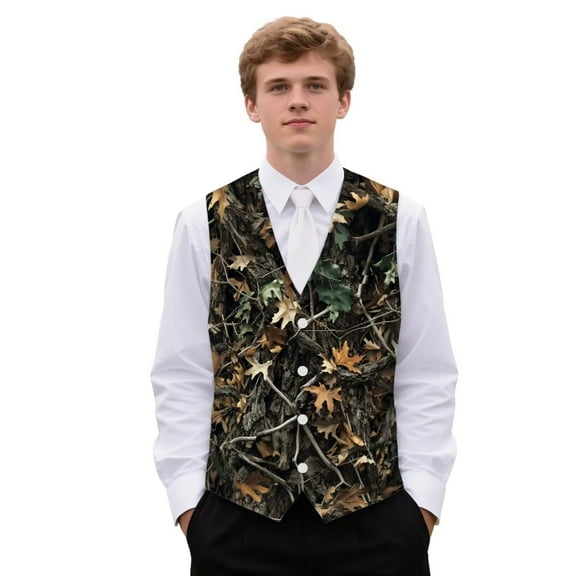 Yuyamidu Camo Hunting Oak Mens Suit Vest Business Formal Dress Vests for Men Casual Wedding Tuxedo Party Waistcoat Size L