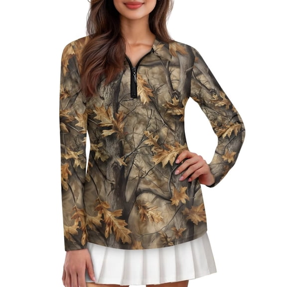 Yuyamidu Camo Hunting Oak Women Golf Shirt Trendy Long Sleeve Shirts Comfy Quarter Zip Tennis Shirt Lightweight Golf Clothes Size M