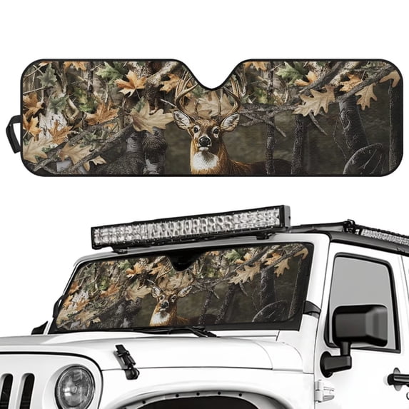 Yuyamidu Camo Hunting Windshield Sun Shade Compatible with Jeep Wrangler Deer Foldable Sun Shade for Men Women, Keep Car Interior Cooler