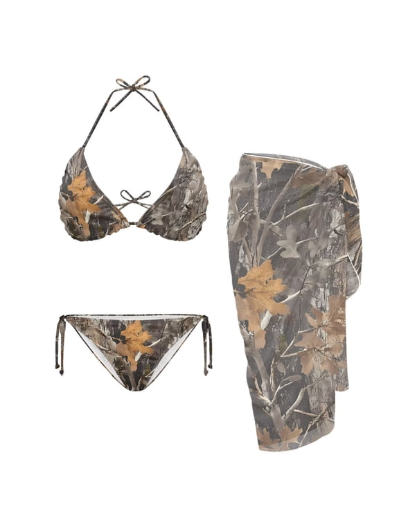 Camo Hunting Women Bikini Swimsuits 3pcs Triangle Tops String Bathing Suit with Wrap Coverup Triangle Bikini Top Tie Side Bottom Swimwear