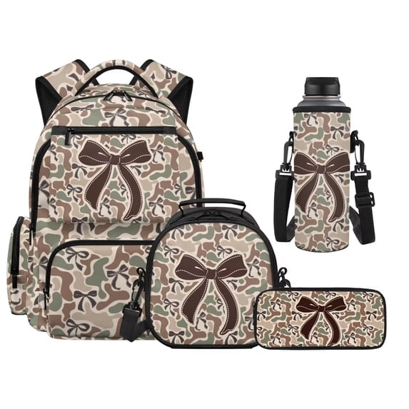 Yuyamidu Camouflage Bows Kids School Backpack Set, 4 Piece 17 Inch Lightweight Flap Backpack with Lunch Bag, Pencil Case and Water Bottle Holder, Multi-Pocket Bookbag for Everyday Use