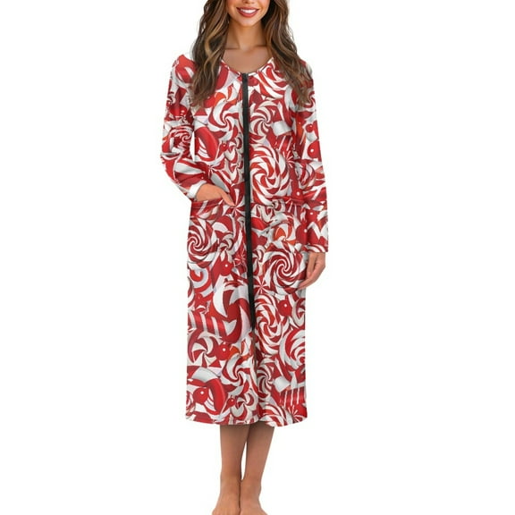 Yuyamidu Candy Canes Bath Robes Women Zipper Front Robe Christmas Long Sleeves Bathrobe Red Housecoat Nightgown Size L Soft Mid-Length Pjs Sleepdress