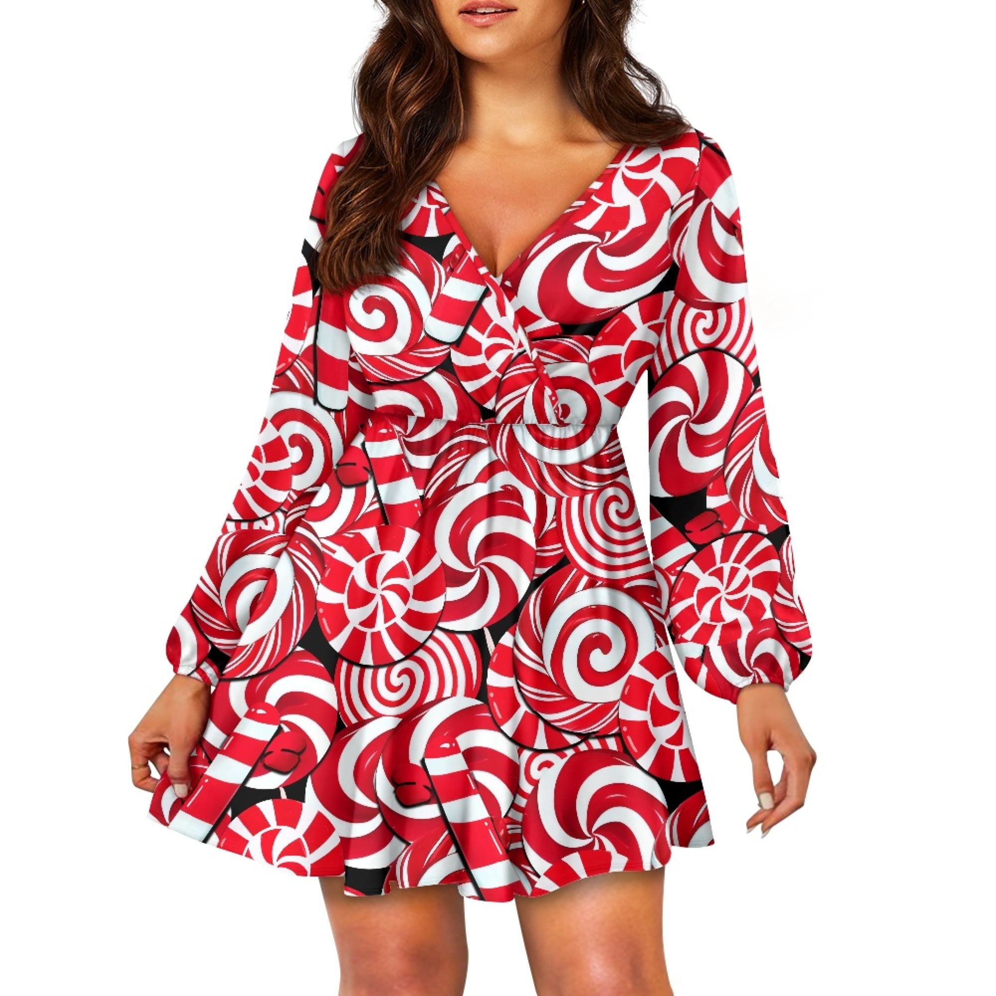 Yuyamidu Candy Canes Long Sleeve Dress Cover Up for Christmas Day Gifts Red Flowy Swing Dresses for Women Size M Casual A-Line Dress Winter V Neck Dresses