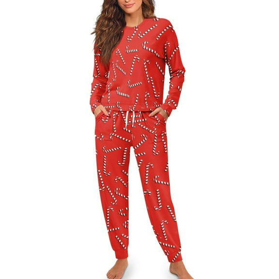 Yuyamidu Candy Canes Long Sleeve Pajama Pants Set for Women 2 Pcs Christmas Sleep Jogger Set Comfy Sleepwear Size S Daily Wear Clothes Red Round Neck Nightwear