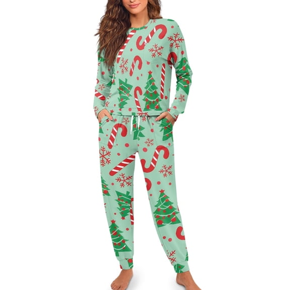 Yuyamidu Candy Canes Nightwear for Women Long Sleeve Pajama Set Christmas Sleep Tops with Long Sweatpants 2 Pieces Xmas Tree Loungewear for Ladies Size M, Green