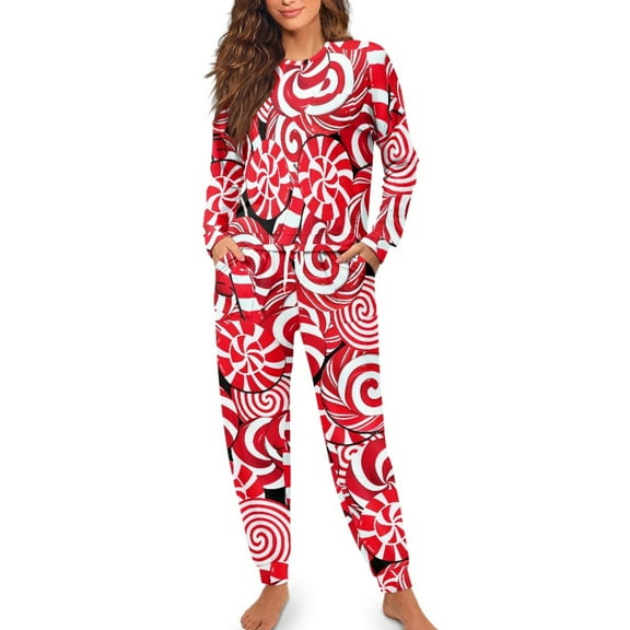 Yuyamidu Candy Canes Pajamas Sets for Women Size M 2 PCS Red Xmas Round Neck Sleep Top & Long Pants with Drawstring Comfy Long Sleeve Sleepwear, Christmas