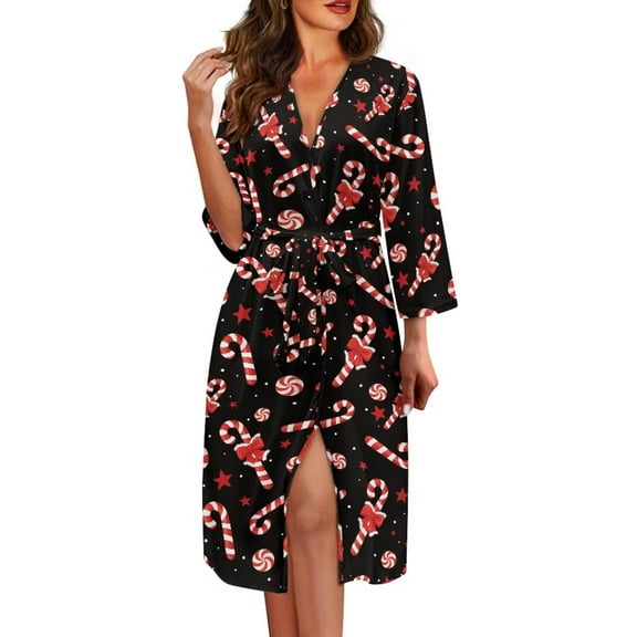 Yuyamidu Candy Canes Robes for Women Lightweight Long Sleeve Bathrobe Xmas Bow Spa Robe Sexy Long Womens Lounge Wear Size M Christmas V Neck Nightgowns with Waist Belt