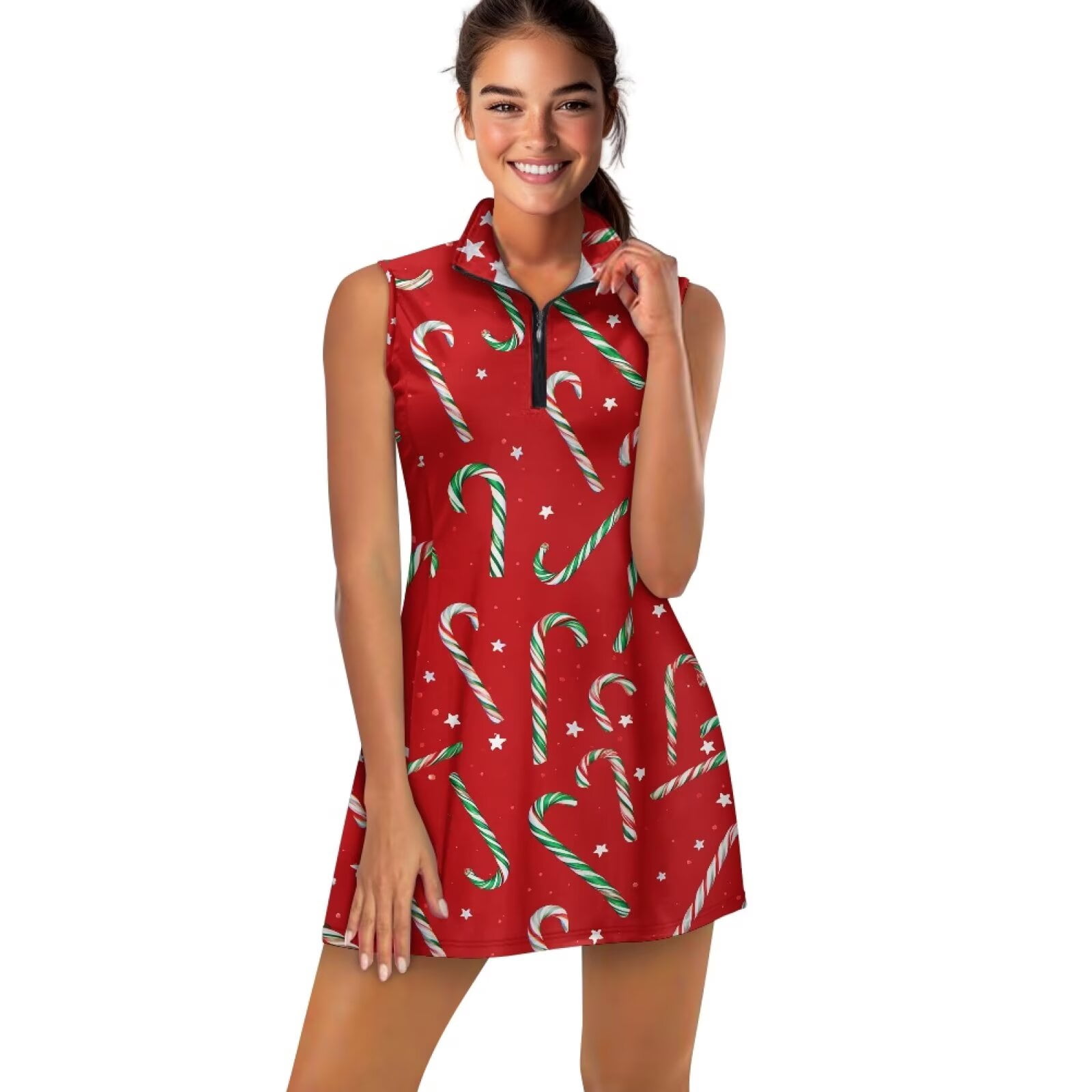 Yuyamidu Candy Canes Tennis Dress with Built in Shorts, Red Christmas Sleeveless Athletic Dress for Women Golf Athletic Dresses with Pockets Golf Outfits Size L