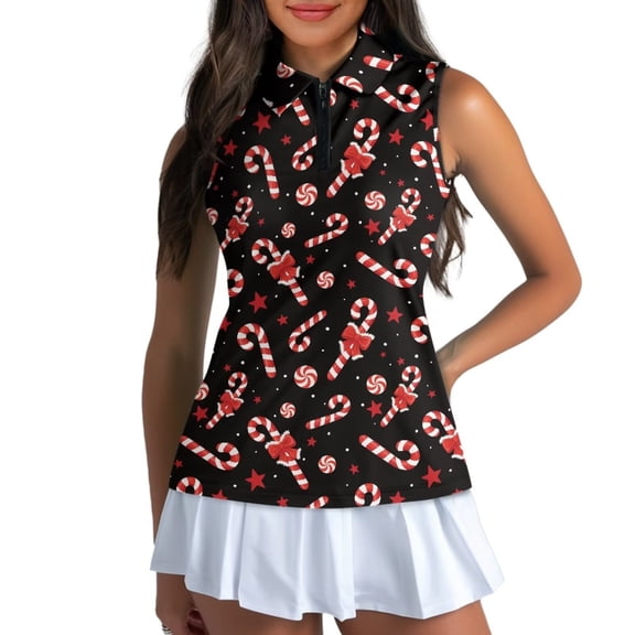 Yuyamidu Candy Canes Women Sleeveless Shirts Size 2XL Xmas Bow 1/4 Zip Collared Golf Shirts Slim Fit Shirt Workout Tank Tops for Outdoor Sports, Christmas