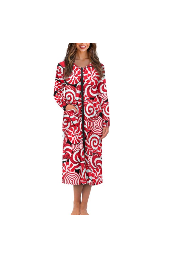 Candy Canes Zipper Robe for Women Long Lightweight Bathrobe Christmas Sleepwear Gown Red Long Sleeve Robes Plus Size 2XL Red Lounge Dresses, Below the Knee
