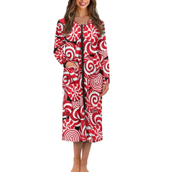 Yuyamidu Candy Canes Zipper Robe for Women Long Lightweight Bathrobe Christmas Sleepwear Gown Red Long Sleeve Robes Plus Size XL Red Lounge Dresses, Below the Knee