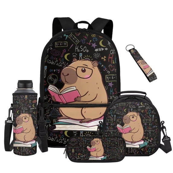 Yuyamidu Capybara Backpack for Boys 8-10, 17 Inch Kids School Backpack with Lunch Box, Pencil Case, Water Bottle Pouch & Keychain, Lightweight 5-Piece Bookbag Set for Girls 2nd-4th Grade
