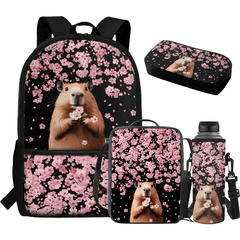 Yuyamidu Capybara Backpack and Lunch Bag for Kids 4-6/6-8 Cherry Blossom  Book Bag for Middle School Bookbag for Girls 1st Grade and Lunch Box Pencil  Case Water Bottle Pouch Pink School Bag
