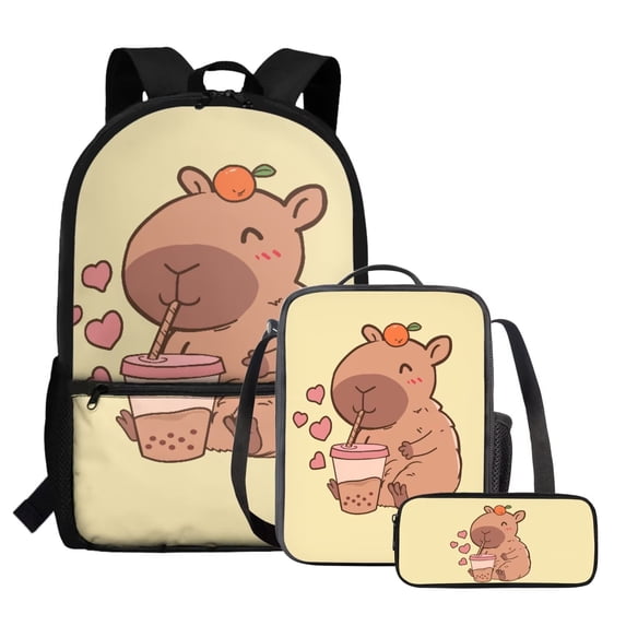Yuyamidu Capybara Backpack School Set 3Pcs with Lunch Box Pencil Case Sports Bookbag Back Pack Lightweight Casual Daypacks for Elementary Primary Middle School