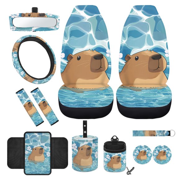 Yuyamidu Capybara Car Seat Cover Set of 12 Cute Auto Bucket Seat Covers Steering Wheel Cover Seat Belt Pad Armrest Cover Garbage Bin Air Vent Pocket Rearview Mirror Cover Coasters Keychain, Blue