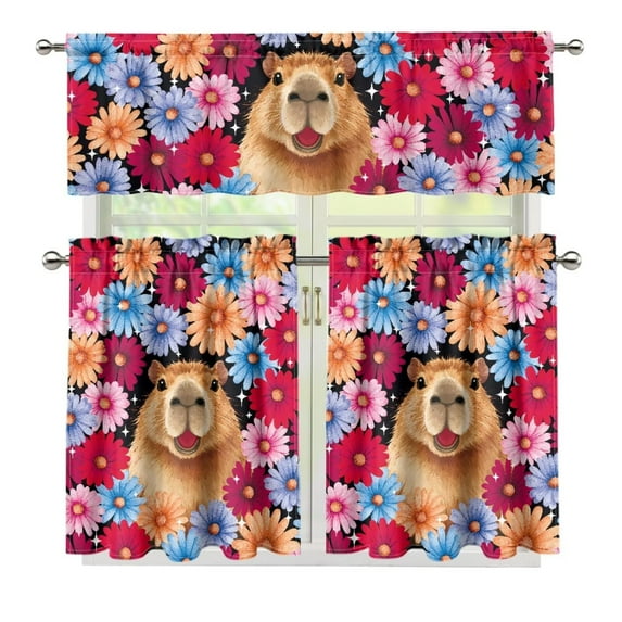 Yuyamidu Capybara Kitchen Curtain Valance and Tiers 3 Panel Set Cute Bathroom Window Curtain with Rod Pocket Polyester Privacy Curtains Tiers for Windows Gift for Friends