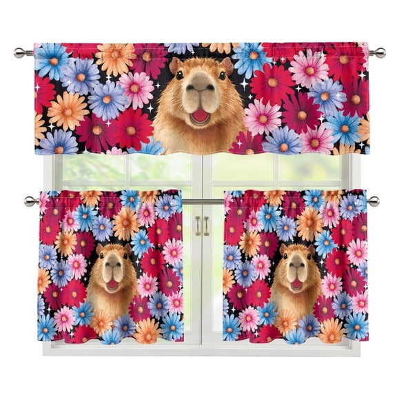 Yuyamidu Capybara Kitchen Curtain Valance and Tiers 3 Panel Set Cute Bathroom Window Curtain with Rod Pocket Polyester Privacy Curtains Tiers for Windows Gift for Friends