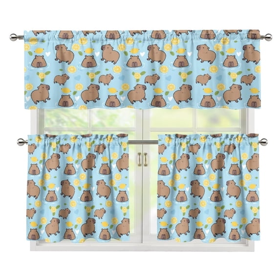 Yuyamidu Capybara Print Kitchen Curtain Valance and Tiers 3 Panel Set Cute Blackout Curtains for Bedroom Easy to Install Contemporary Trendy Valances Home Decor
